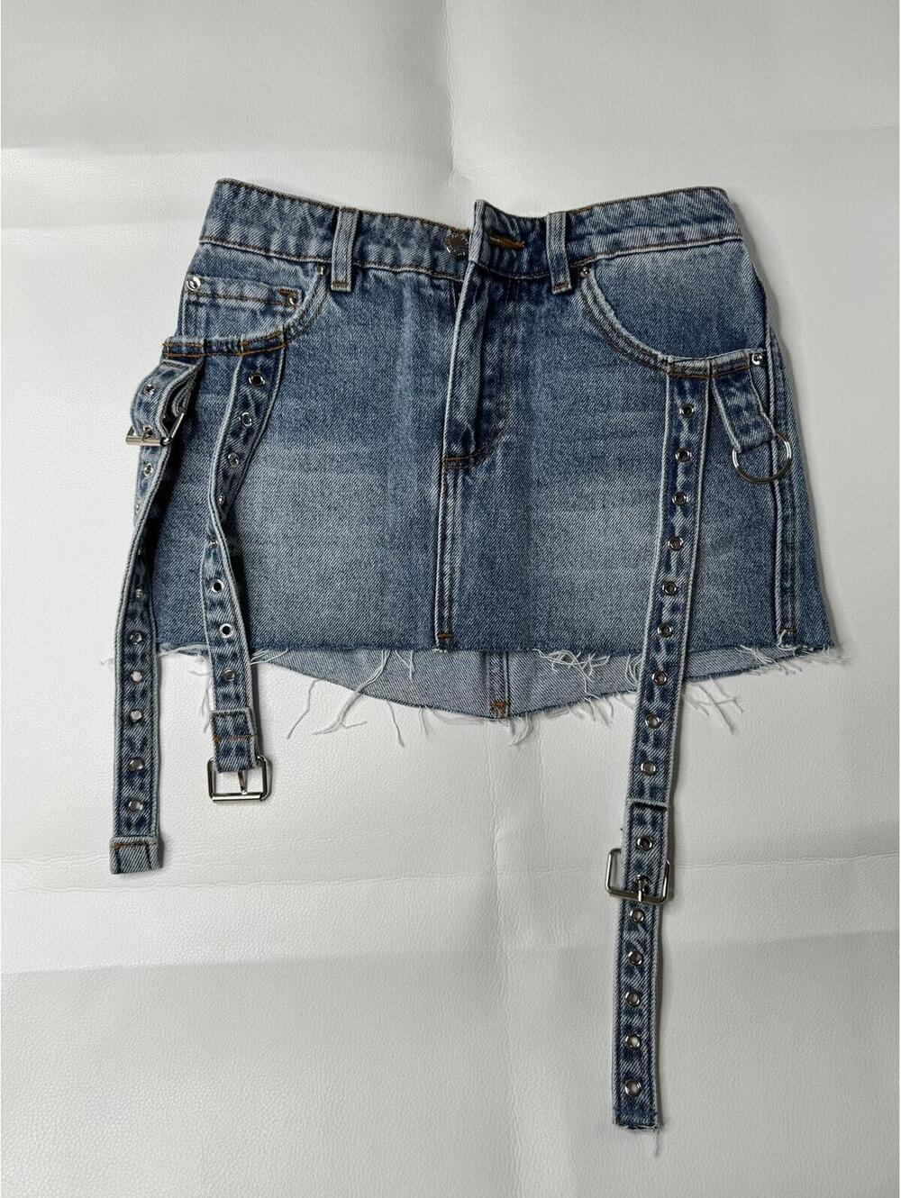 Retrofête New York Denim Mini Skirt with Adjustable Straps
